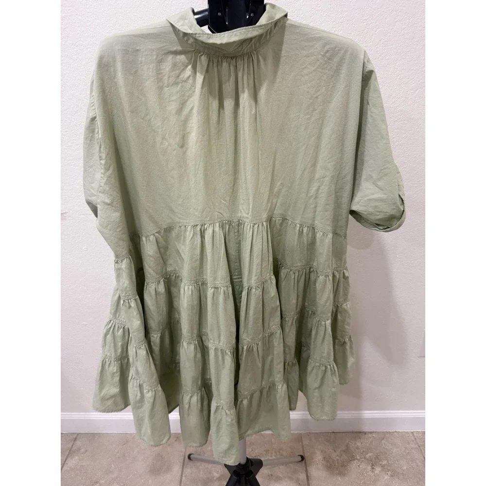 Free People Sage Green Cotton Tiered Babydoll Boho Tunic Top Button Down Women M